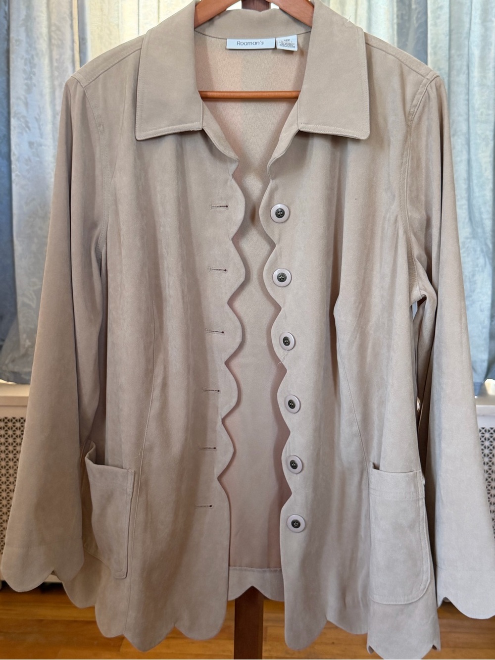 Roaman's Scalloped Edge Suede Trench Coat - Beige